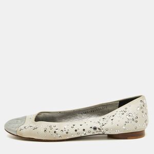 Gina Light Grey/silver Satin And Leather Crystal Embellished Ballet Flats Size